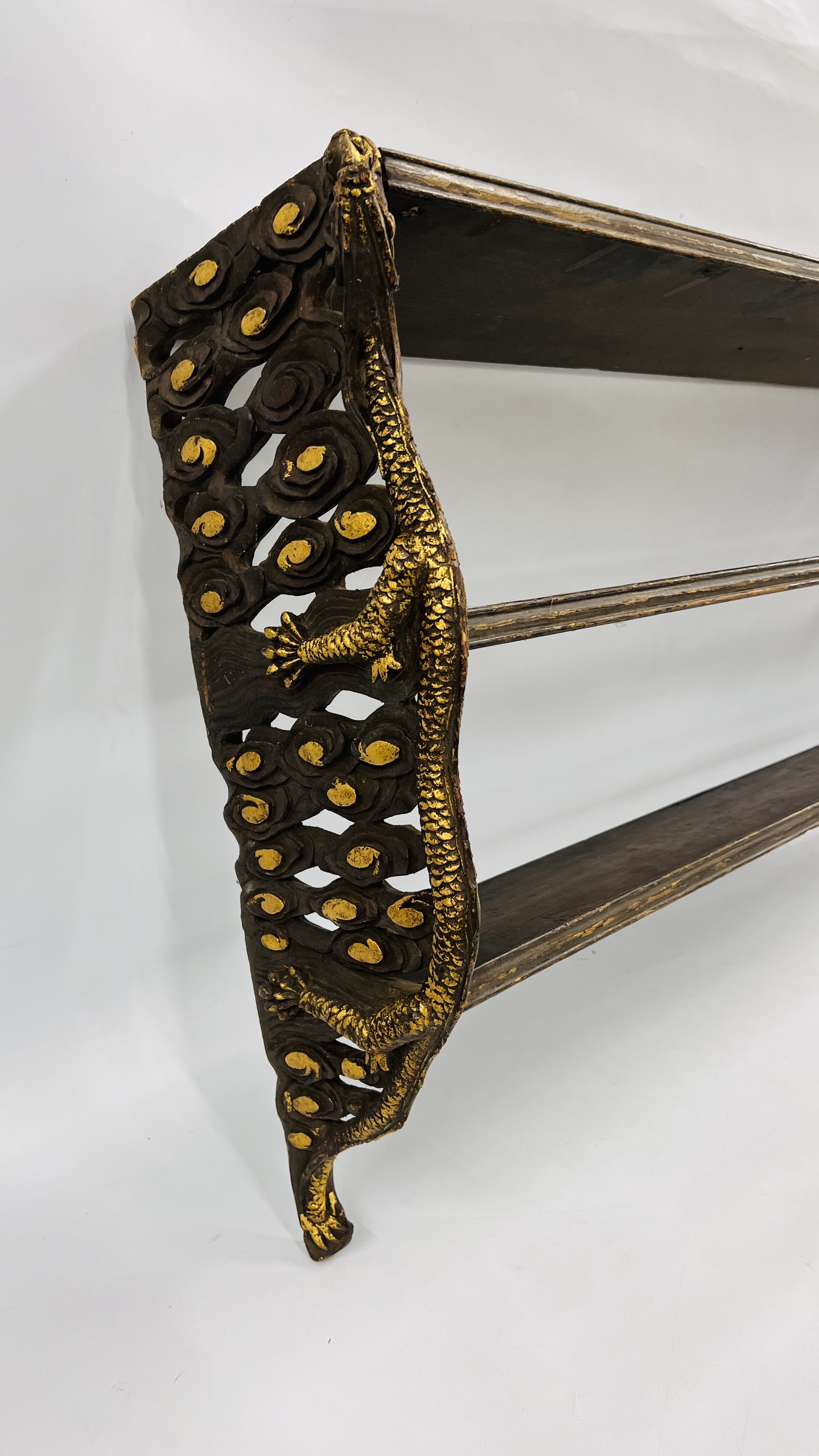 C20TH CHINESE STYLE THREE TIER BRACKET SHELF WITH DRAGON CARVED DETAIL - W 117CM. H 60CM. D 24CM. - Image 8 of 9