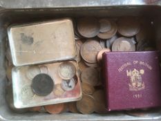 MIXED COINS IN CALLARD & BOWSER 1911 CORONATION TIN, GB CROWNS FROM 1951 IN BOX,