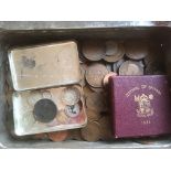 MIXED COINS IN CALLARD & BOWSER 1911 CORONATION TIN, GB CROWNS FROM 1951 IN BOX,