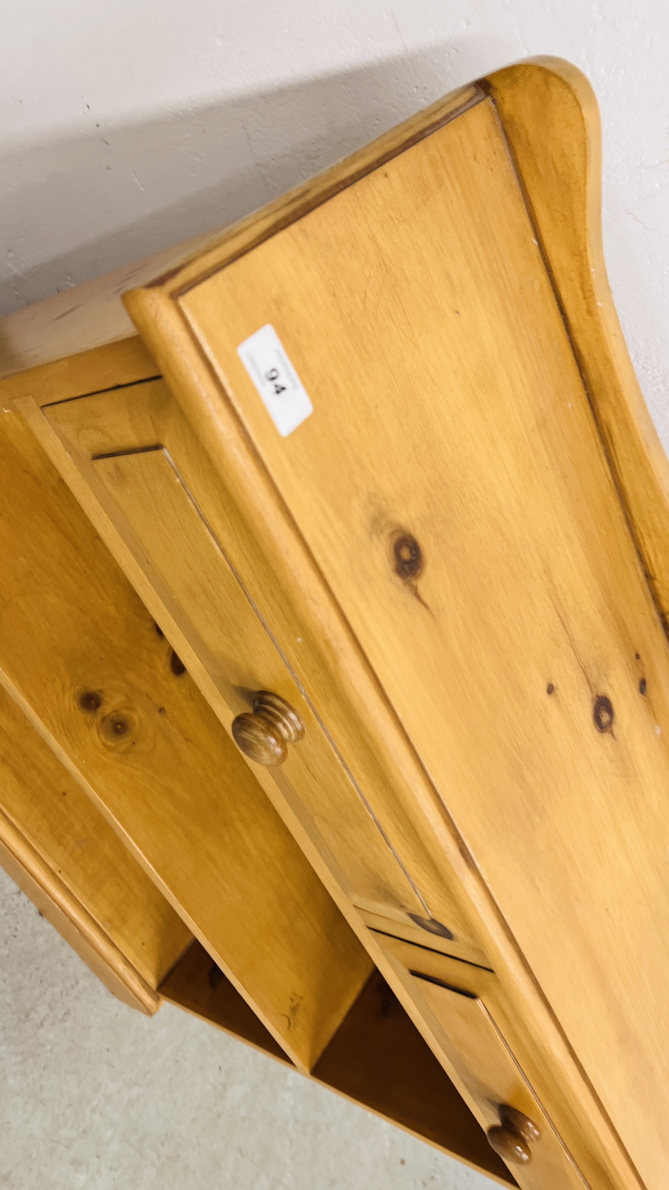 A WAXED PINE TWO TIER BOOKSHELF WITH DRAWERS, W 87CM, D 27CM, H 88CM. - Image 7 of 8