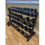 A PROFESSIONAL GYM BODY POWER THREE TIER DUMB BELL WEIGHT STAND CONTAINING TOTAL 28 DUMB BELLS