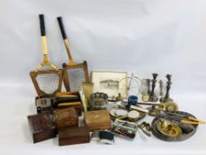 TWO BOXES OF ASSORTED COLLECTIBLES TO INCLUDE PLATED WARE, PAIR OF COASTERS,