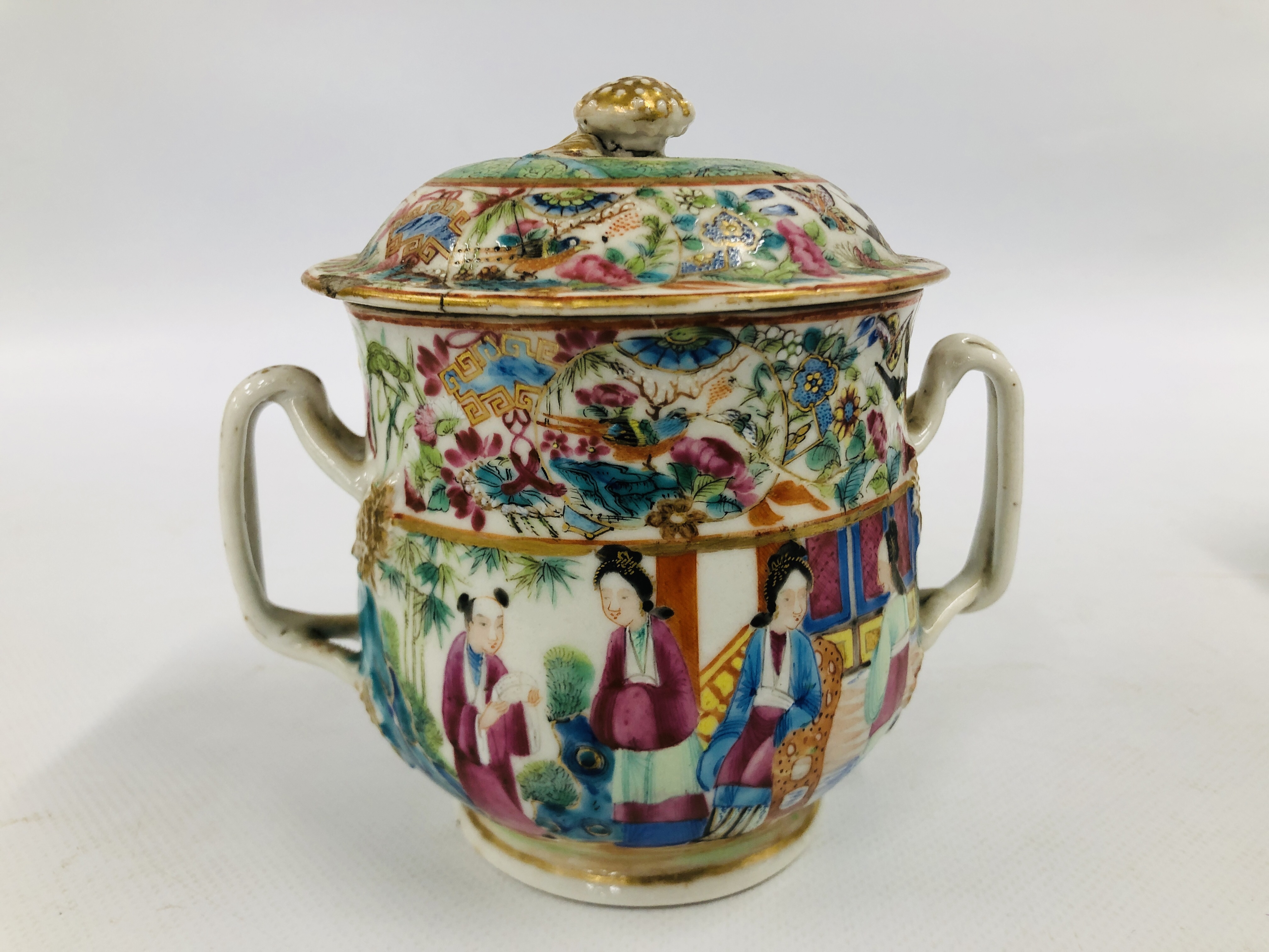 CANTONESE TEAPOT AND COVER ALONG WITH A SUGAR BASIN AND COVER AND A PAIR OF TWO HANDLED BOWLS AND - Image 17 of 17