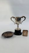 A VINTAGE SILVER TWO HANDLED TROPHY CUP,