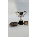 A VINTAGE SILVER TWO HANDLED TROPHY CUP,