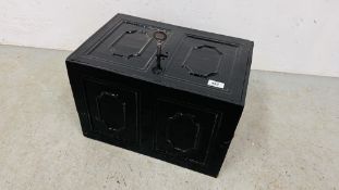 A VICTORIAN SECURITY STRONG BOX WITH KEY (REPAIRED) W 46CM, D 32CM, H 30.5CM.