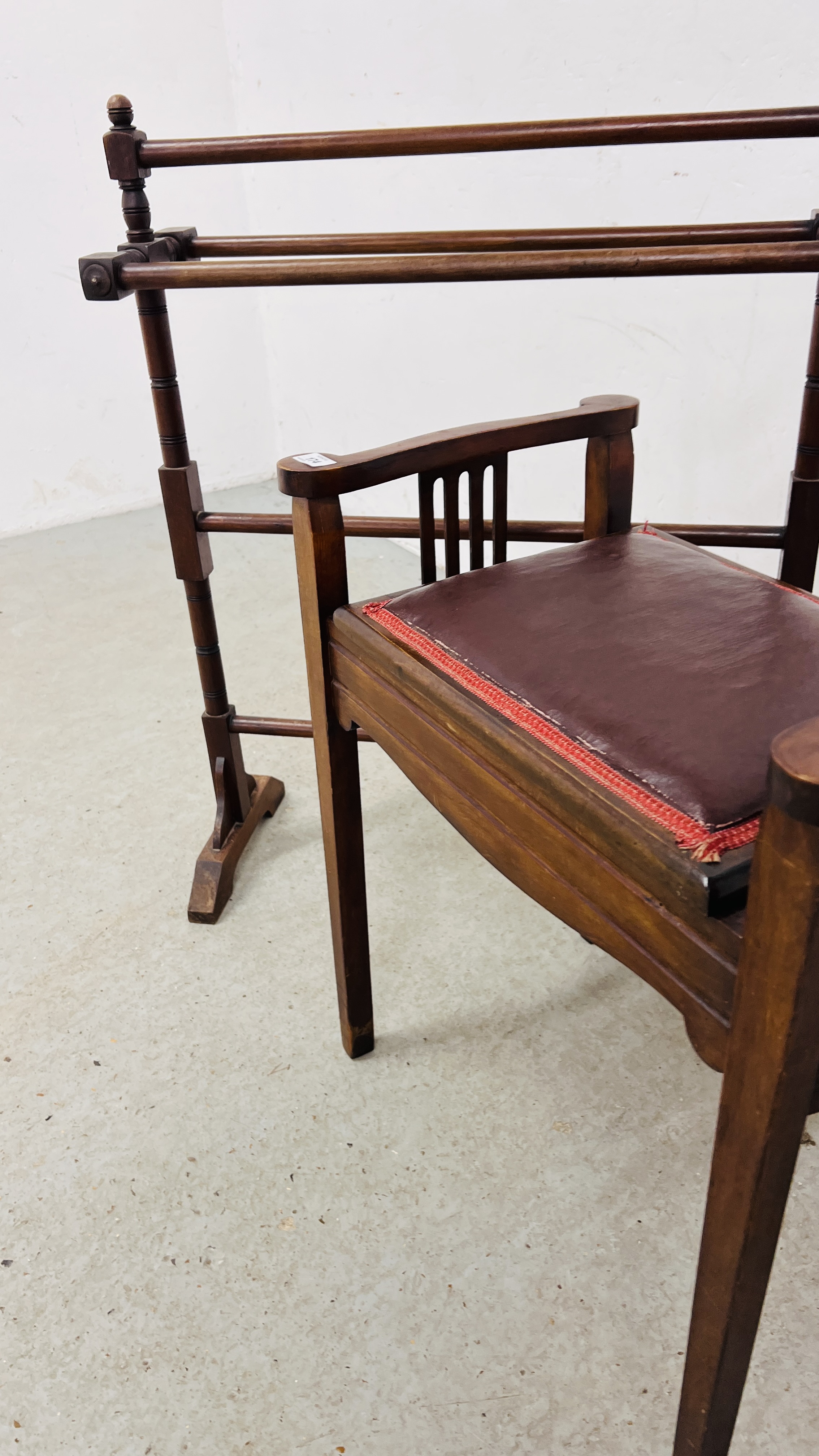 VINTAGE MAHOGANY TOWEL RAIL ALONG WITH A MAHOGANY FRAMED PIANO STOOL. - Image 5 of 8