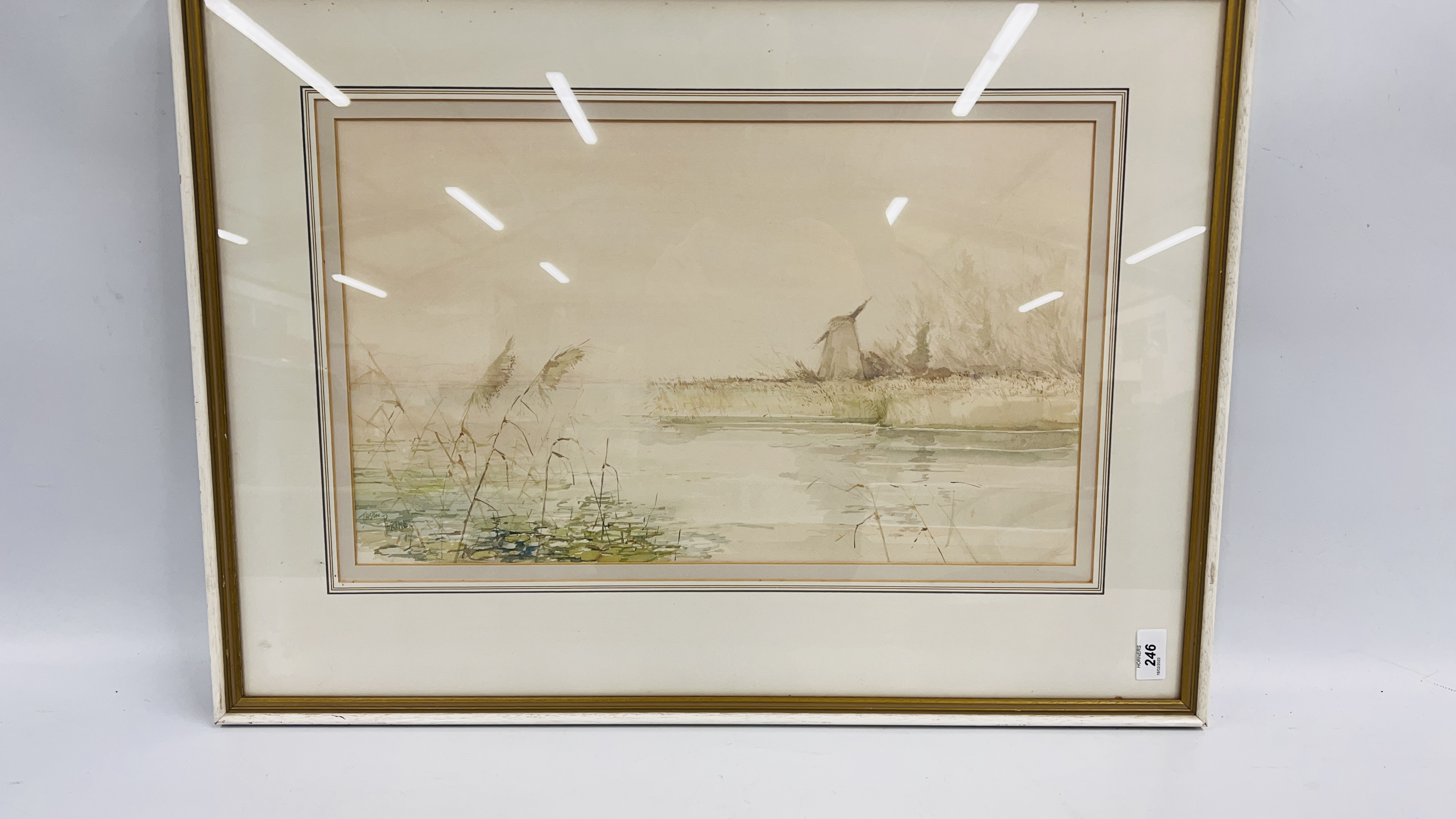 FRAMED AND GLAZED WATERCOLOUR BY 'JASON PARTNER' TITLED 'MISTY MORNING ON THE BROAD' 21" X 14".