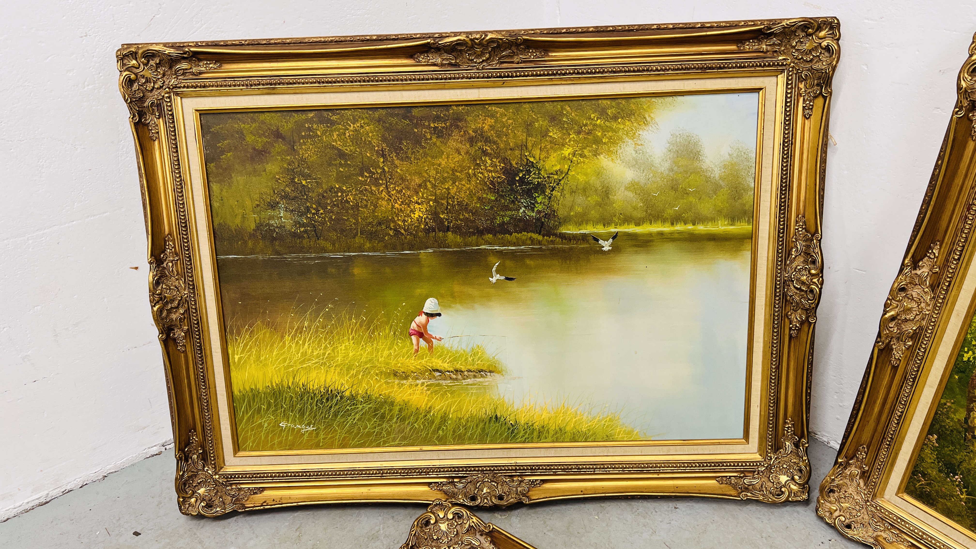 A GROUP OF 3 GILT FRAMED LANDSCAPE AND RIVER PICTURES, OIL ON CANVAS - W 112CM. X H 81.5CM. - Image 4 of 4