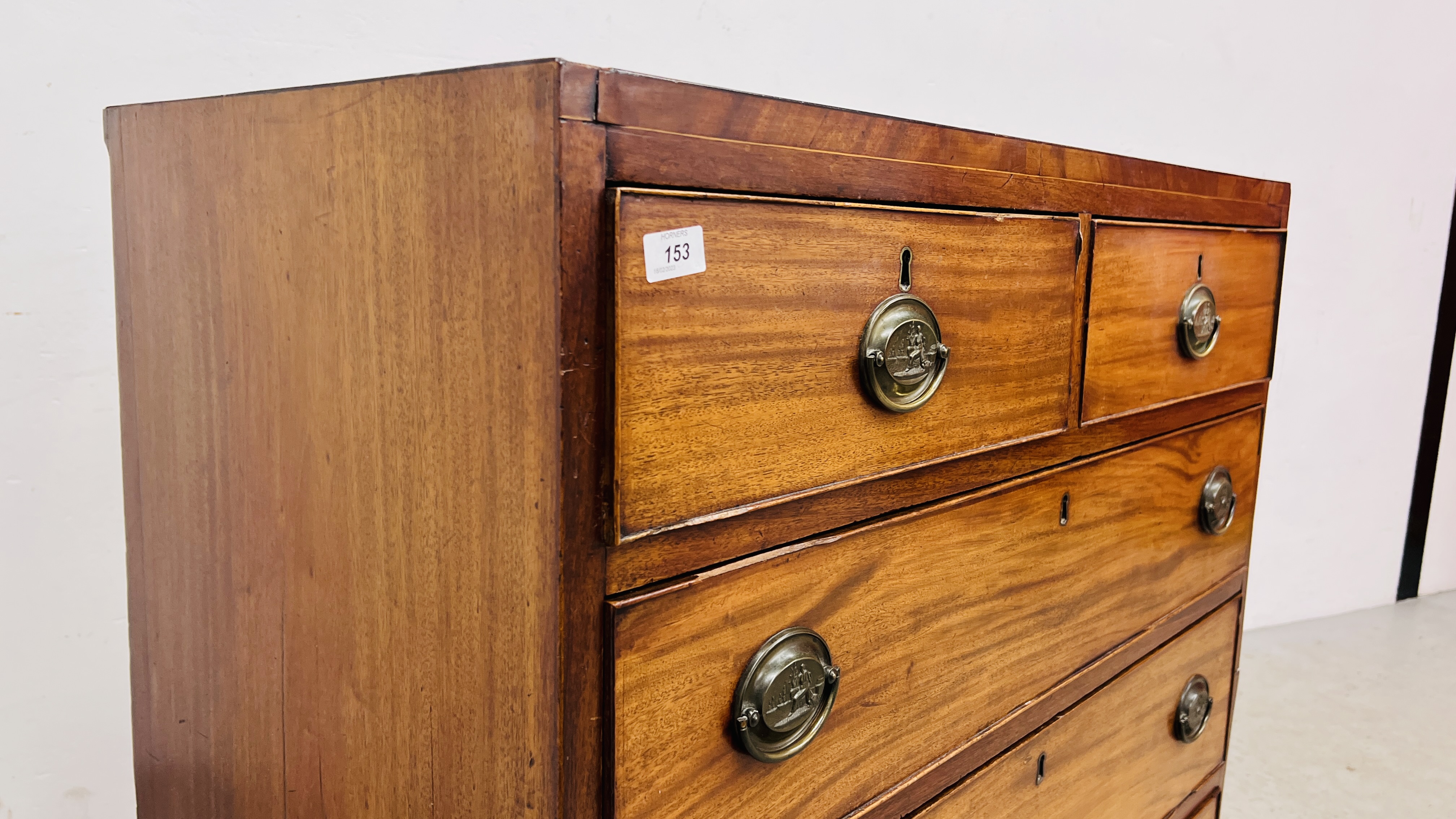 ANTIQUE MAHOGANY TWO OVER THREE CHEST OF DRAWERS, COCK BEADED DRAWERS, BRASS PLATE FITTINGS, - Image 8 of 15