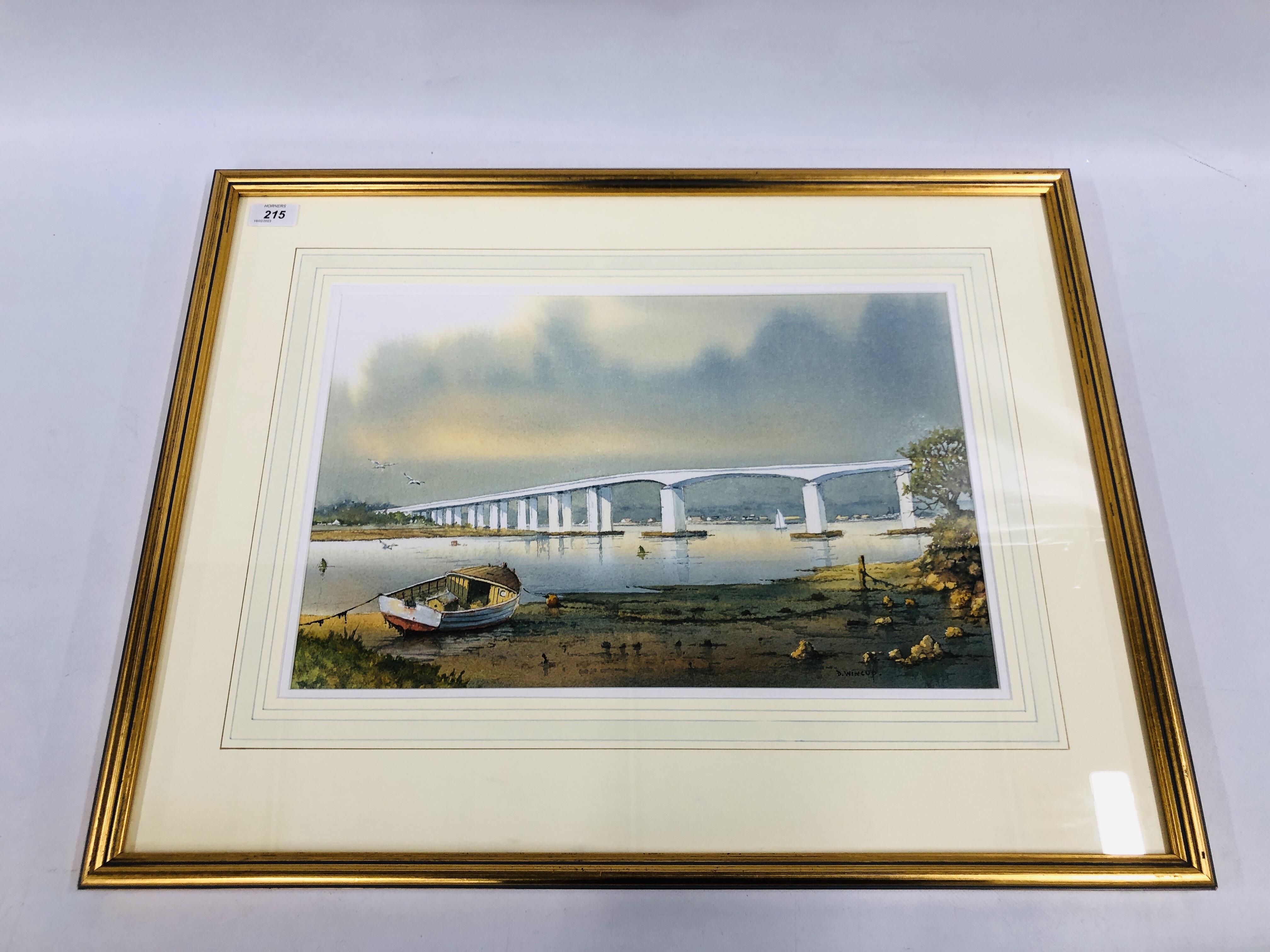 AN ORIGINAL FRAMED WATERCOLOUR "RIVER ORWELL MORNING" BEARING SIGNATURE D. WINCUP - W 46.5CM X H 30.