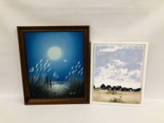 MODERN FRAMED OIL ON CANVAS "FULL MOON" BEARING SIGNATURE "HUNT" ALONG WITH A FURTHER FRAMED CANVAS