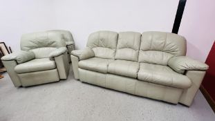 A G PLAN LIGHT GREEN LEATHER THREE PIECE LOUNGE SUITE COMPRISING THREE SEATER AND TWO RECLINERS.