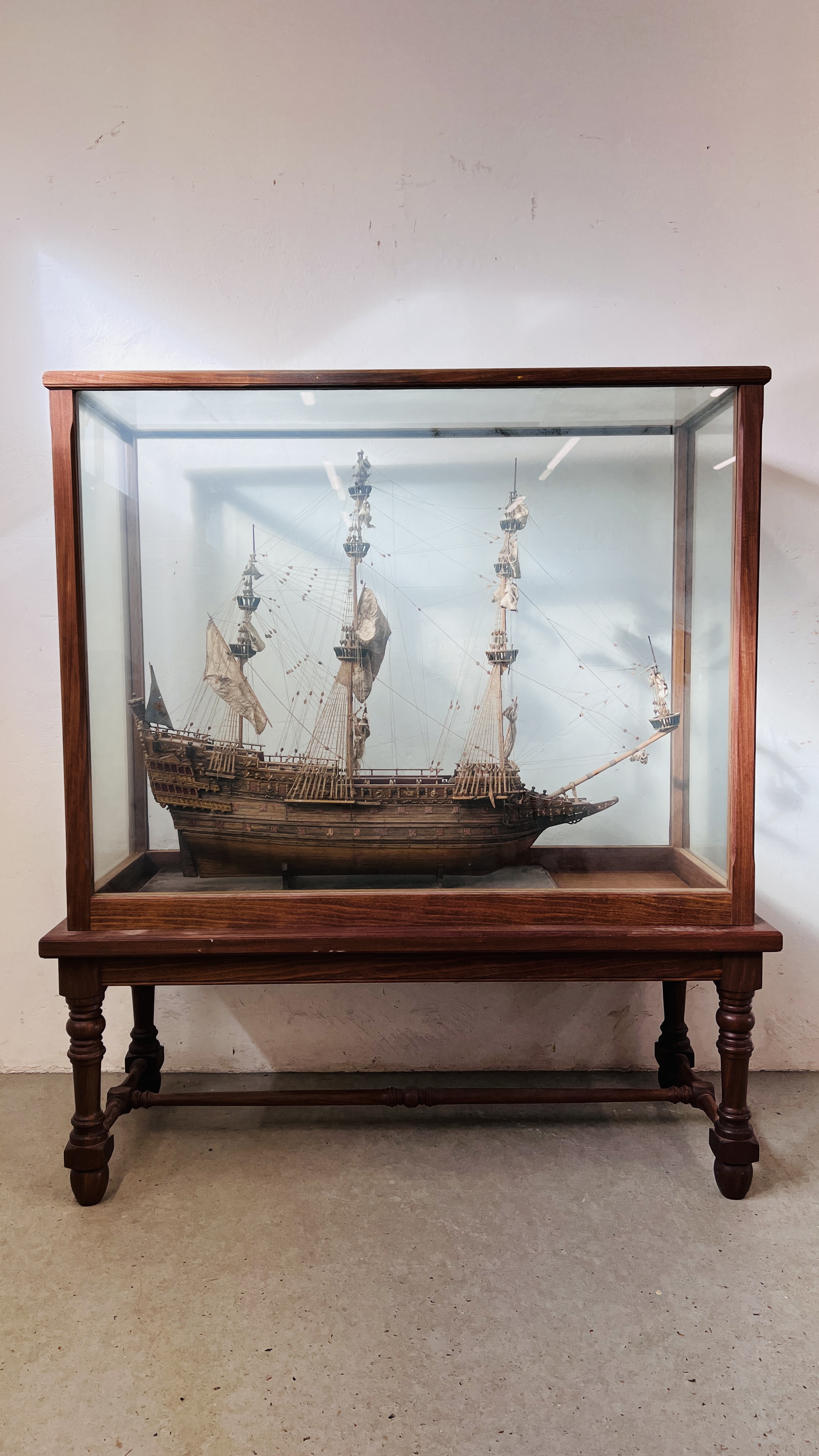 LARGE MODEL GALLEON "SOVEREIGN OF THE SEA" IN MAHOGANY DISPLAY CASE - W 128CM. D 55CM. H 146CM.