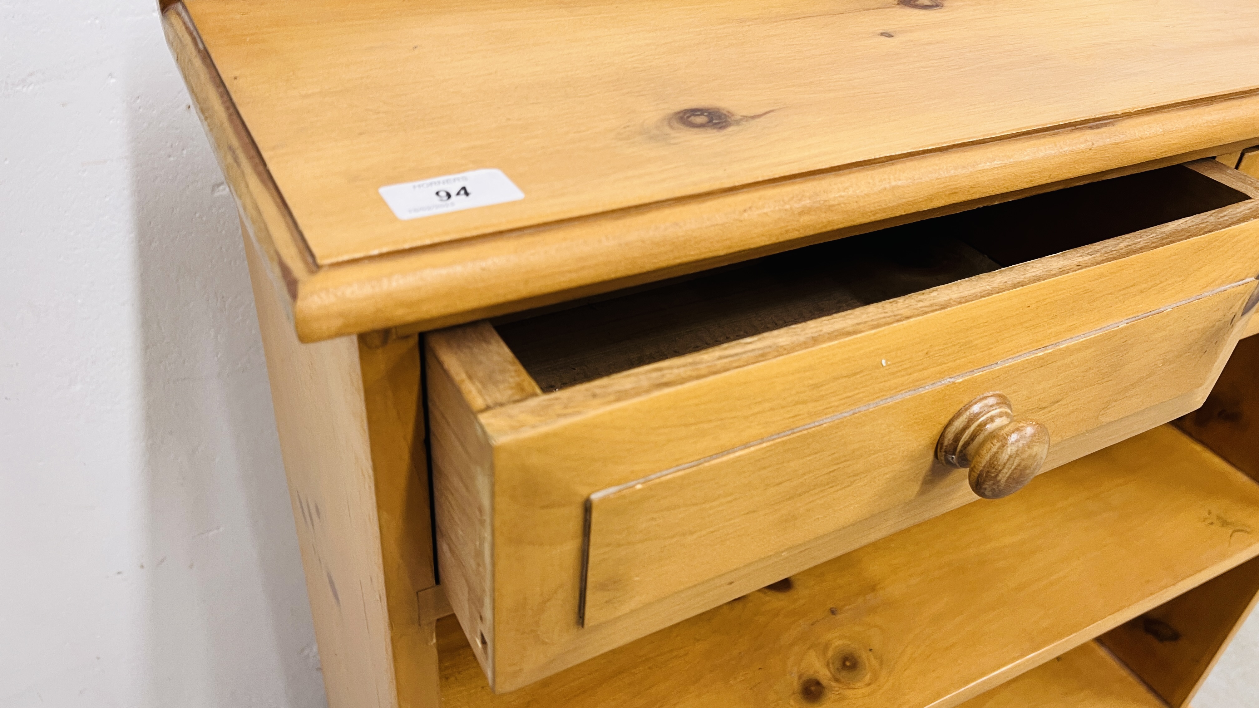 A WAXED PINE TWO TIER BOOKSHELF WITH DRAWERS, W 87CM, D 27CM, H 88CM. - Image 8 of 8