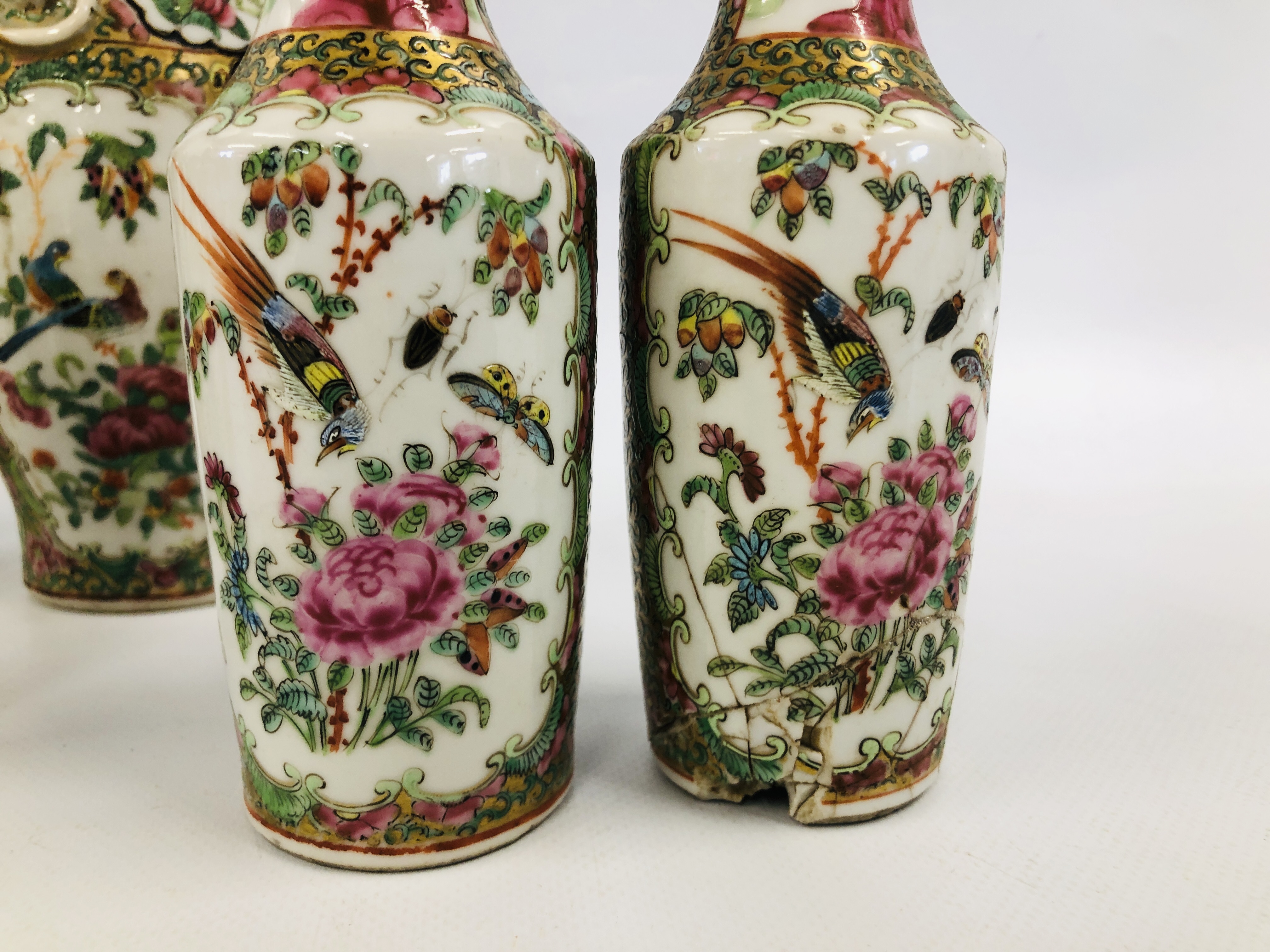 3 X PAIRS OF CANTONESE FAMILLE ROSE VASES, THE LARGEST H 22.5CM (GOOD CONDITION, THE OTHERS H 14. - Image 5 of 17