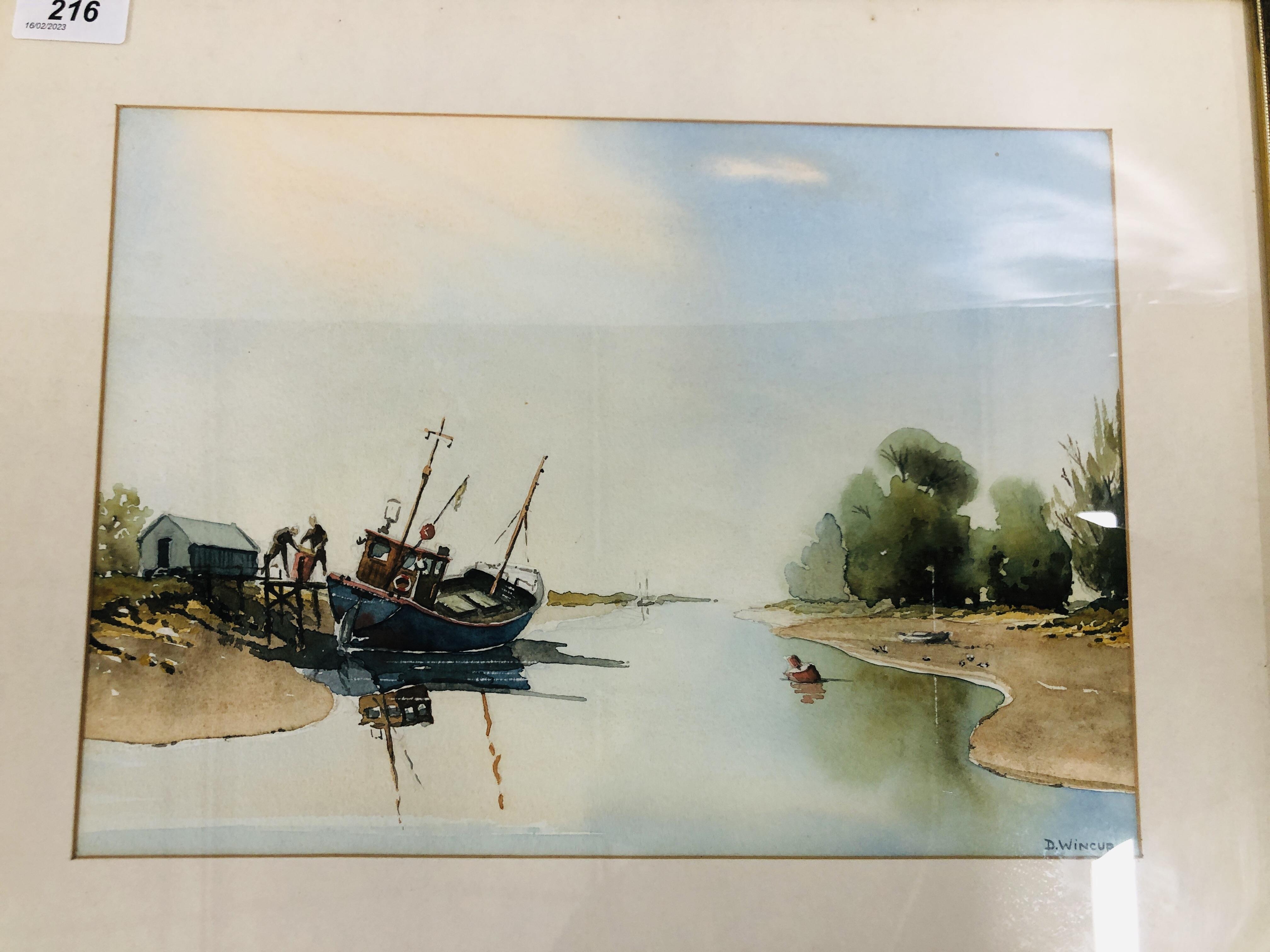 AN ORIGINAL FRAMED WATERCOLOUR "LOCAL FISHING TRAWLER" BEARING SIGNATURE D. WINCUP W 33.5CM. X H 24. - Image 2 of 3
