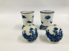 A PAIR OF ORIENTAL PORCELAIN BLUE AND WHITE BAKER VASES DEPICTING INSECTS H 11.5CM.
