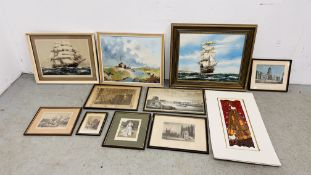 A GROUP OF FRAMED ART WORK TO INCLUDE ORIGINAL EXAMPLES, BLACK AND WHITE ETCHINGS AND BOOK PLATES,