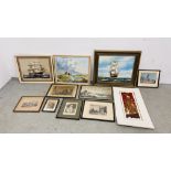 A GROUP OF FRAMED ART WORK TO INCLUDE ORIGINAL EXAMPLES, BLACK AND WHITE ETCHINGS AND BOOK PLATES,