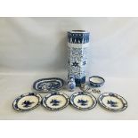 A GROUP OF BLUE AND WHITE SUNDRY CHINA TO INCLUDE 4 X ROYAL DOULTON NORFOLK PATTERN DINNER PLATES,