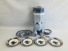 A GROUP OF BLUE AND WHITE SUNDRY CHINA TO INCLUDE 4 X ROYAL DOULTON NORFOLK PATTERN DINNER PLATES,