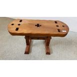 A HANDCRAFTED MAHOGANY STOOL WITH PIERCED DECORATION, LENGTH 73CM, HEIGHT 42CM.