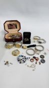 TRAY OF ASSORTED COSTUME JEWELLERY AND WATCHES TO INCLUDE PULSAR AND A ORIS POCKET WATCH,