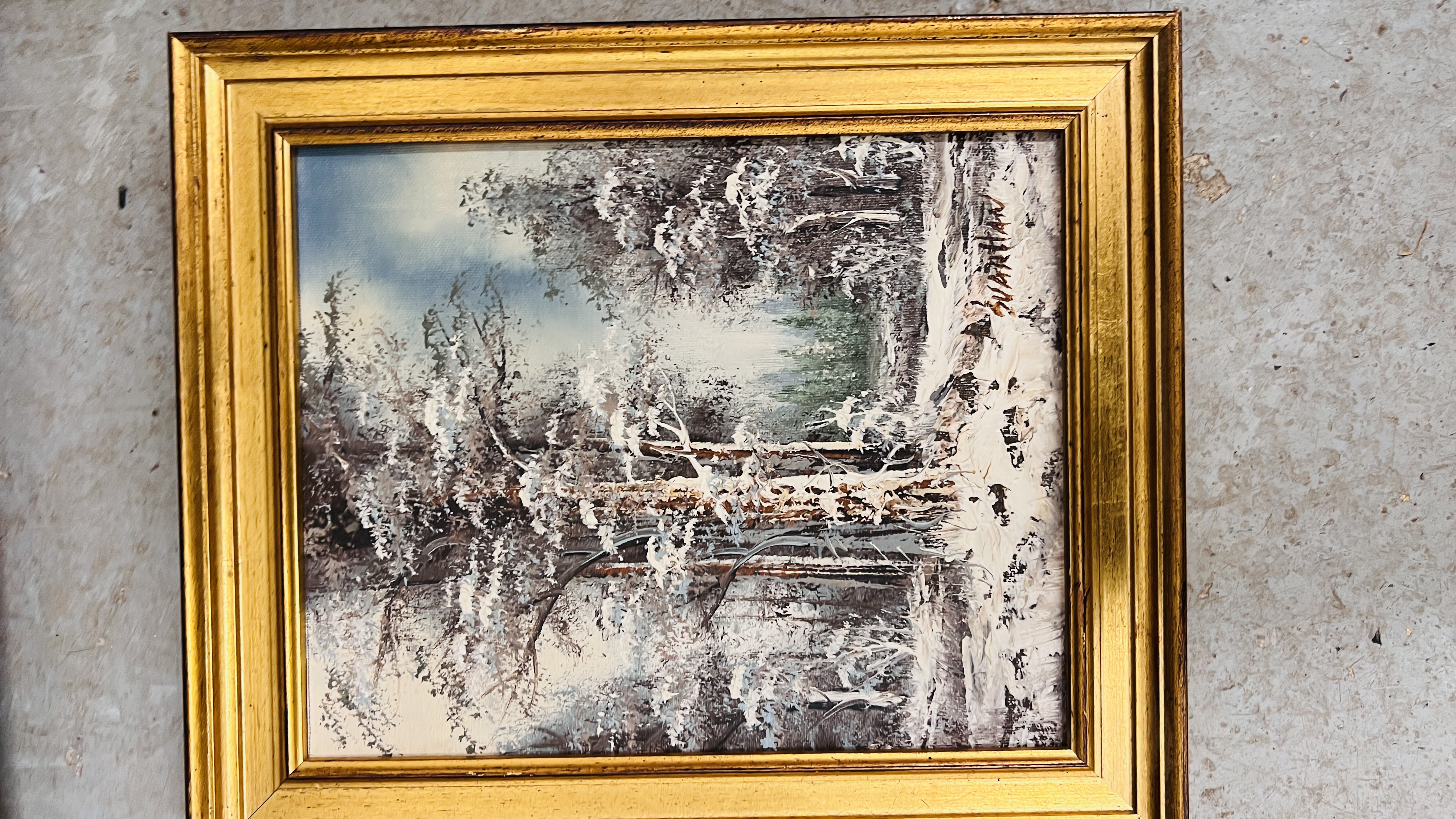 A PAIR OF GILT FRAMED OIL ON CANVAS PICTURES DEPICTING COTTAGES IN A SNOWY LANDSCAPE W 105. - Image 5 of 9