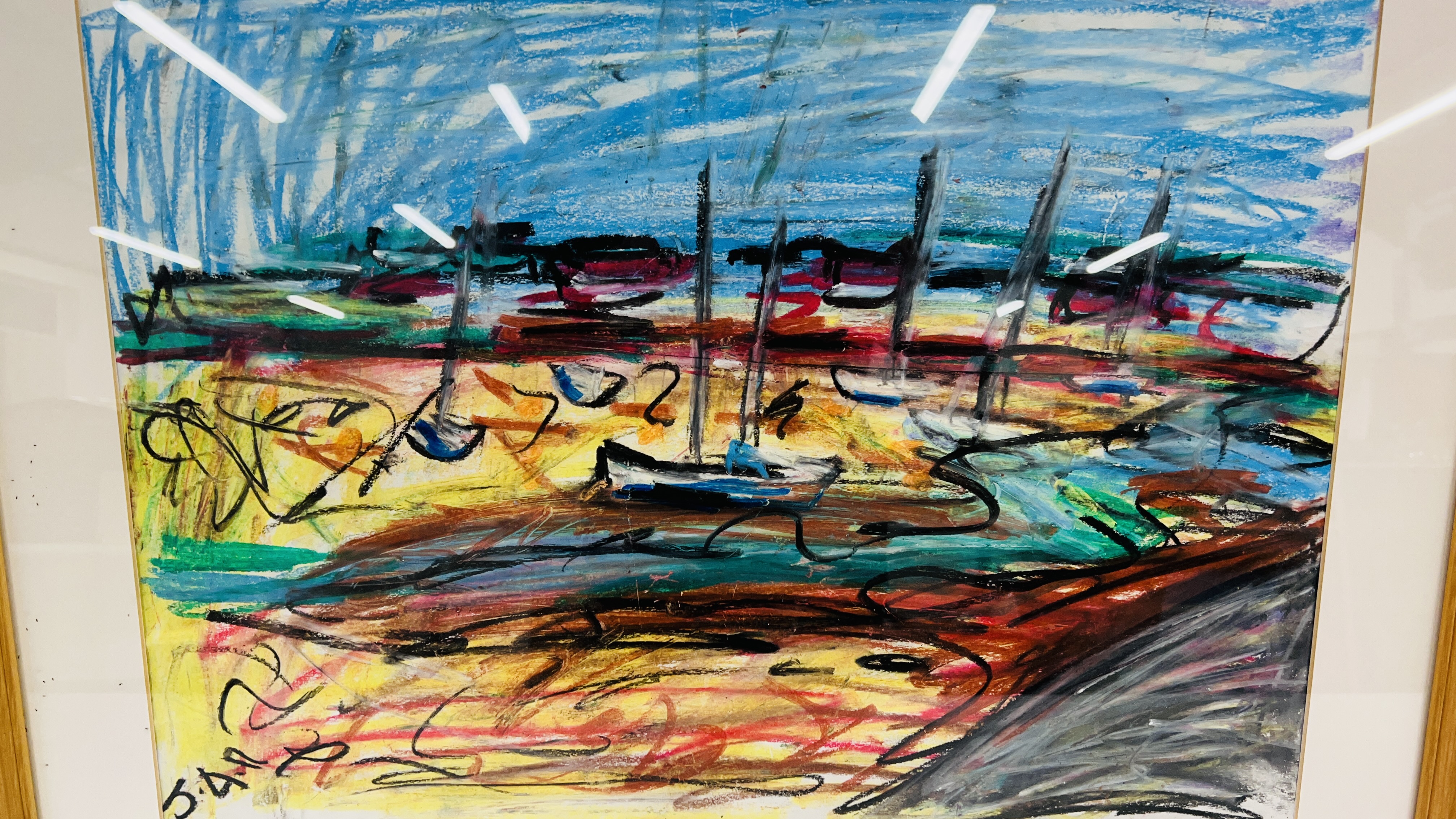 A PASTEL DRAWING OF MOORED YACHTS, SIGNED WITH MONOGRAM JAR 40 X 56CM. - Image 2 of 3
