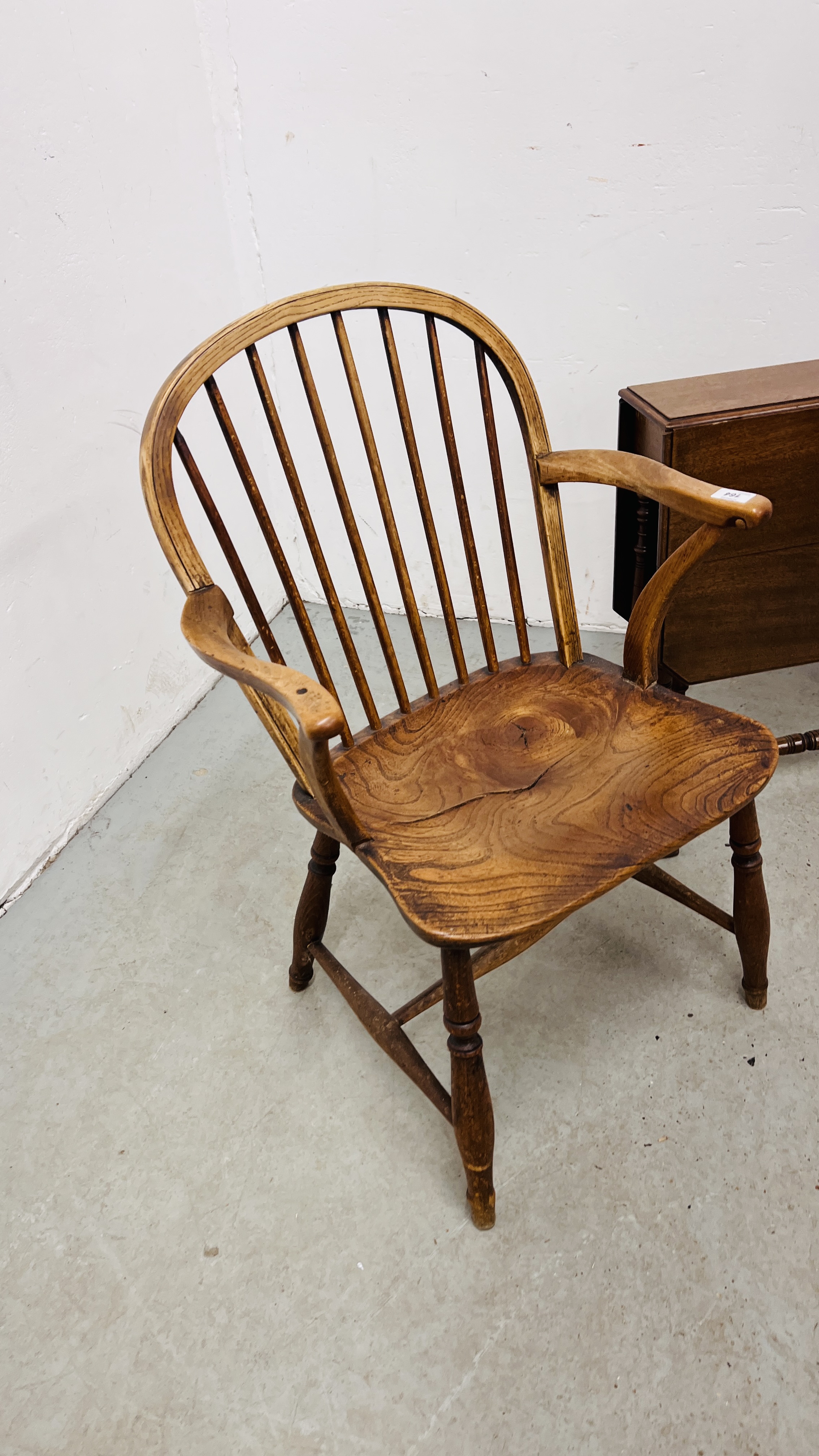 AN ANTIQUE ELM SEATED ELBOW CHAIR A/F, - Image 3 of 12