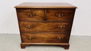 ANTIQUE MAHOGANY TWO OVER TWO CHEST OF DRAWERS BRASS SWAN NECK HANDLES, BRACKET FOOT, W 105CM,