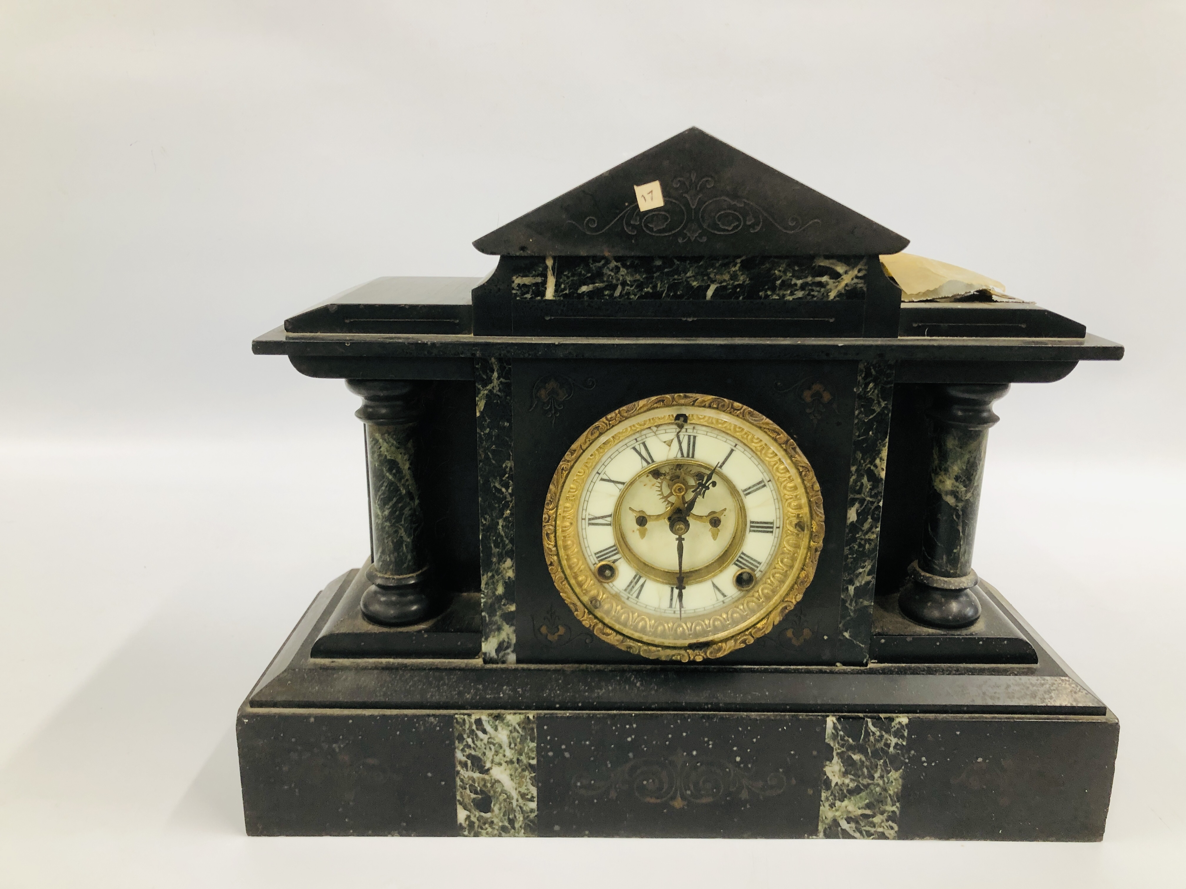 AN ELABORATE VINTAGE SLATE AND MARBLE MANTEL CLOCK, ENAMELLED DIAL MARKED ANSONIA CLOCK CO L 43.5CM.