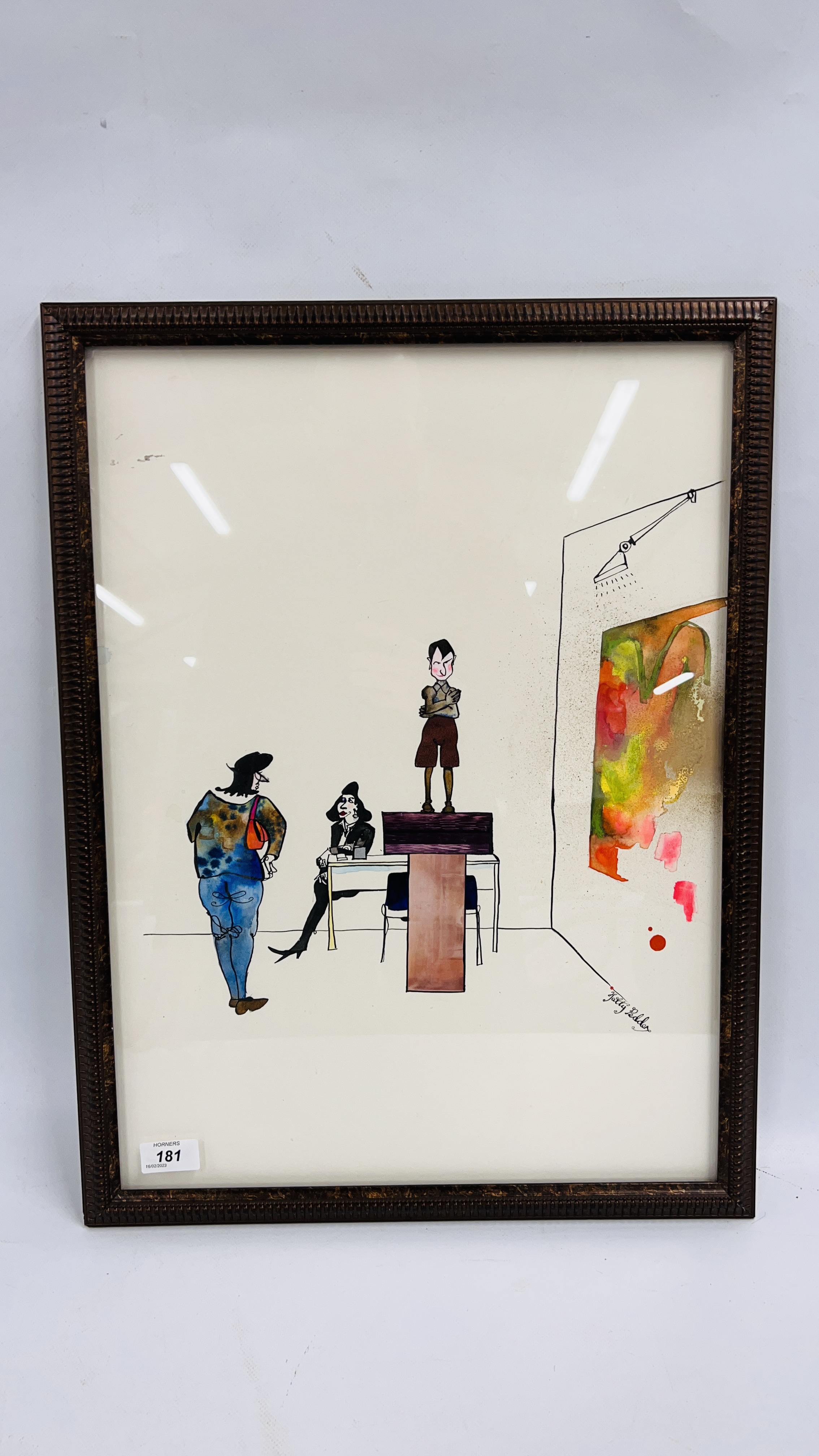 FRAMED AND GLAZED MIXED MEDIA MODERN ARTWORK BY RENOWNED BRITISH ARTIST 'HATTY PEDDER' 21" X 15".