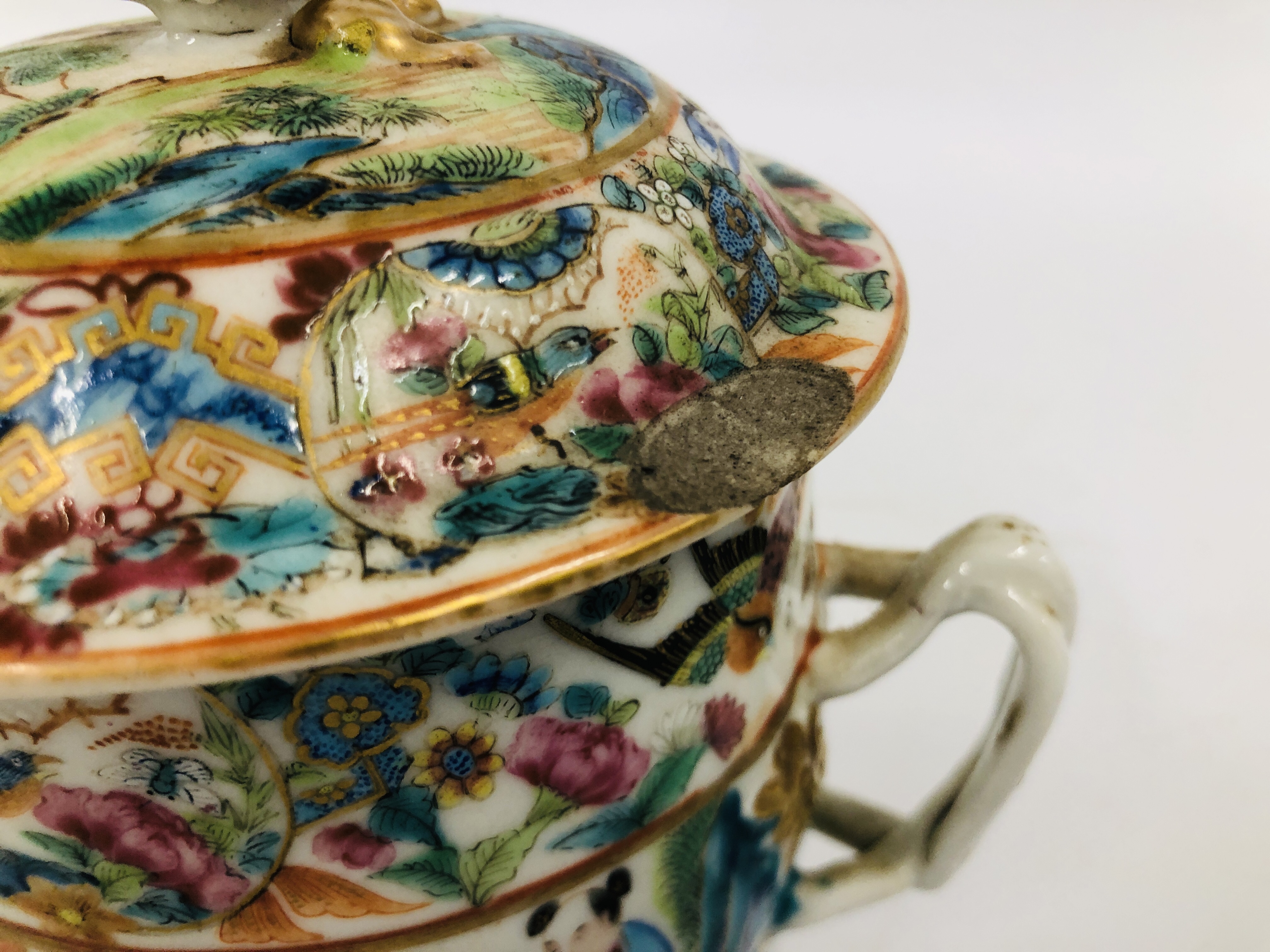 CANTONESE TEAPOT AND COVER ALONG WITH A SUGAR BASIN AND COVER AND A PAIR OF TWO HANDLED BOWLS AND - Image 12 of 17