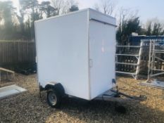 A SINGLE AXLE PAGE TRAILERS BOX TRAILER WITH REAR DOOR, TWO LEGS, 6FT X 4FT WITH ELECTRIC HOOK UP.