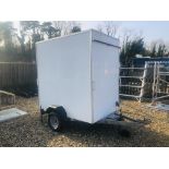 A SINGLE AXLE PAGE TRAILERS BOX TRAILER WITH REAR DOOR, TWO LEGS, 6FT X 4FT WITH ELECTRIC HOOK UP.