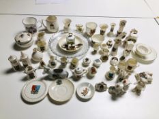 A COLLECTION OF CRESTED WARE TO INCLUDE TEA POT, BIRDS, JUGS, DISHES, SALT AND PEPPER, SOME LOCAL.