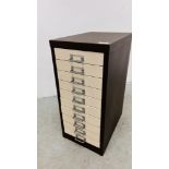 A SMALL STEEL TEN DRAWER FILING CHEST - W 28CM. D 41CM. H 61CM.