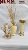 A MODERN CREAM FINISH VASE ON COLUMN BASE WITH GOLD DETAILING ALONG WITH A LARGE DECORATIVE FEMALE