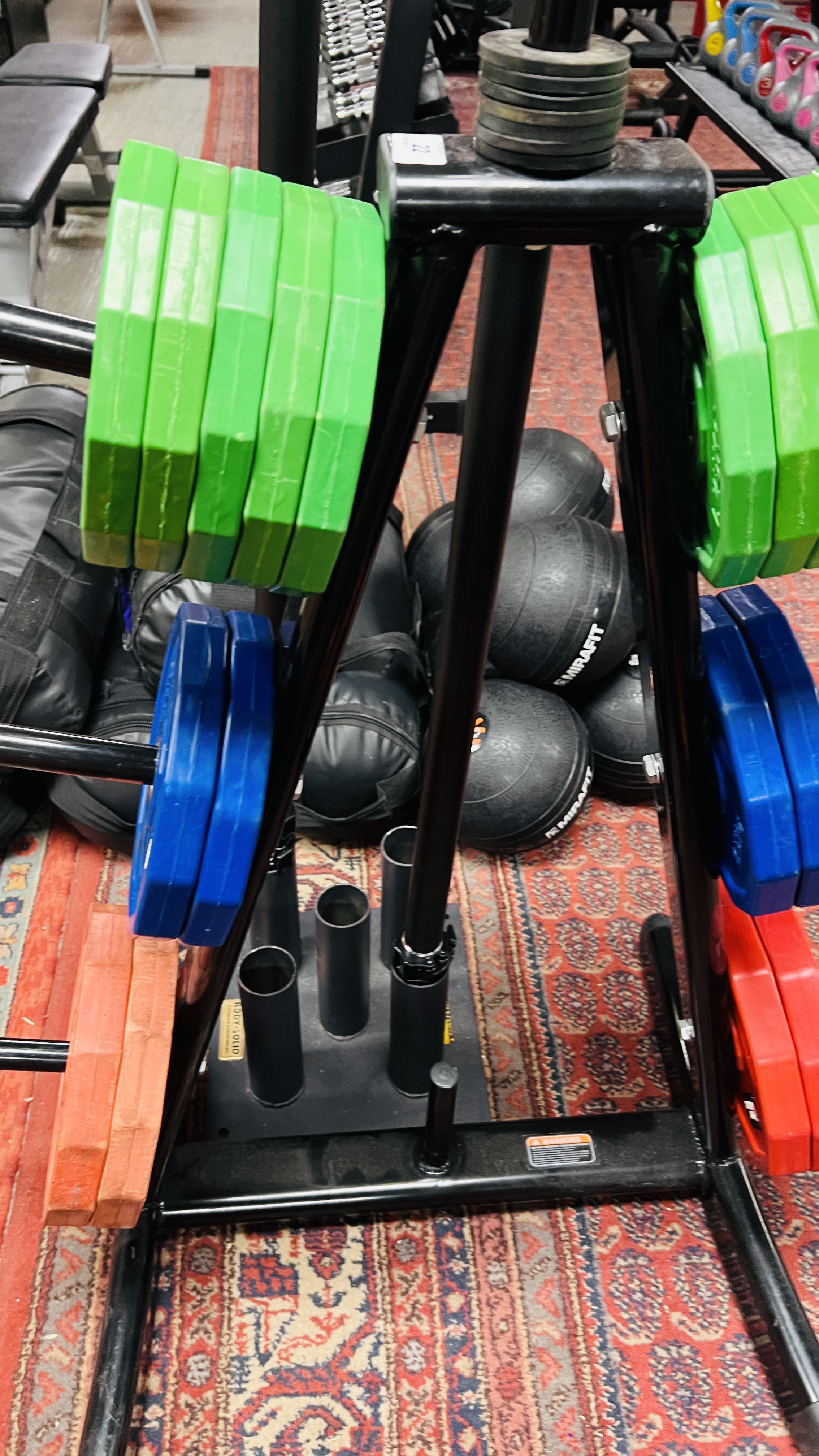 A PROFESSIONAL GYM WEIGHT STAND CONTAINING 18 X BAR WEIGHTS VARIOUS SIZES - MAINLY BODY POWER ALONG - Image 4 of 4