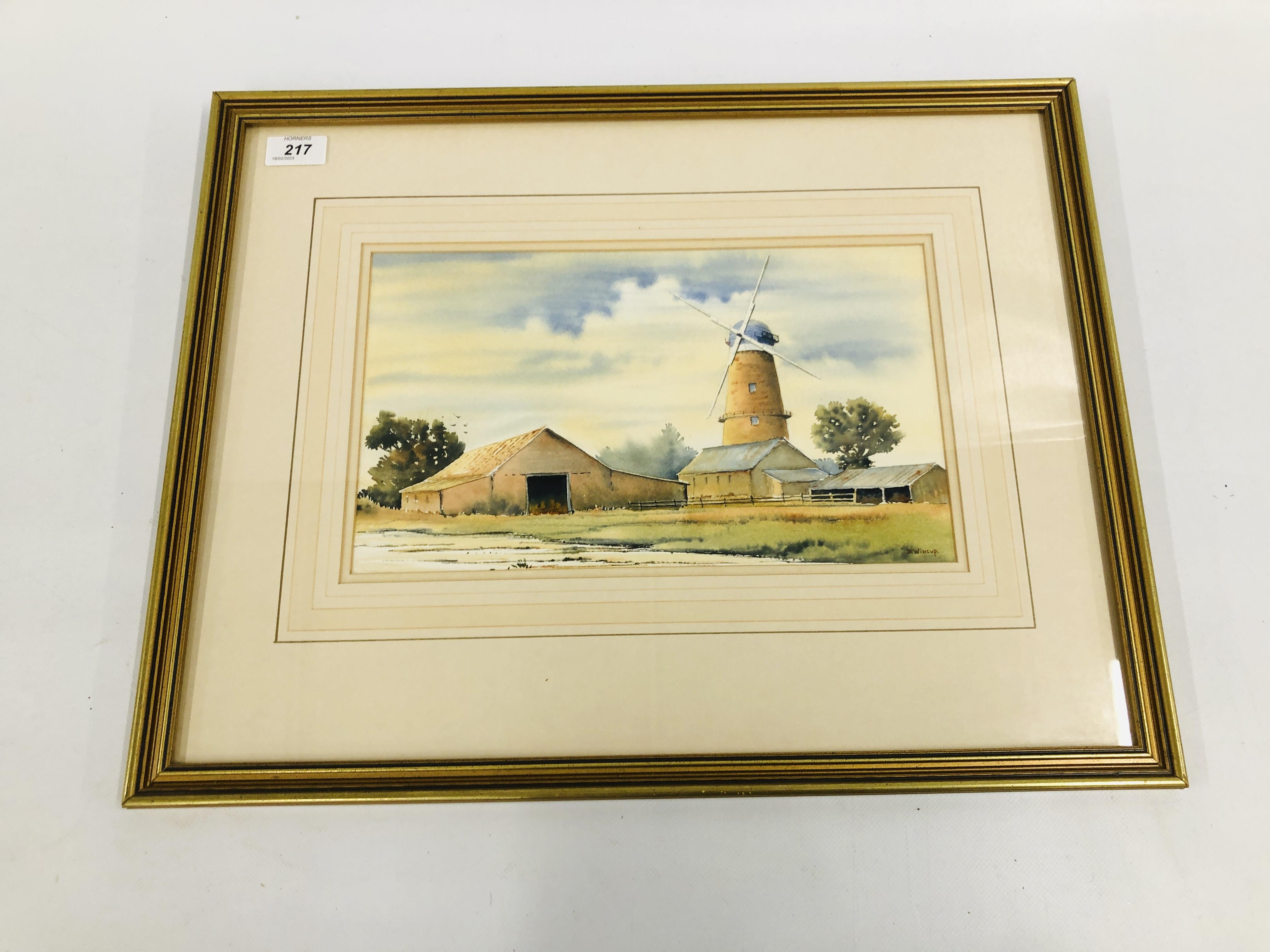 AN ORIGINAL FRAMED WATERCOLOUR "SUTTON MILL" BEARING SIGNATURE D. WINCUP - W 33.5CM. X H 20CM.