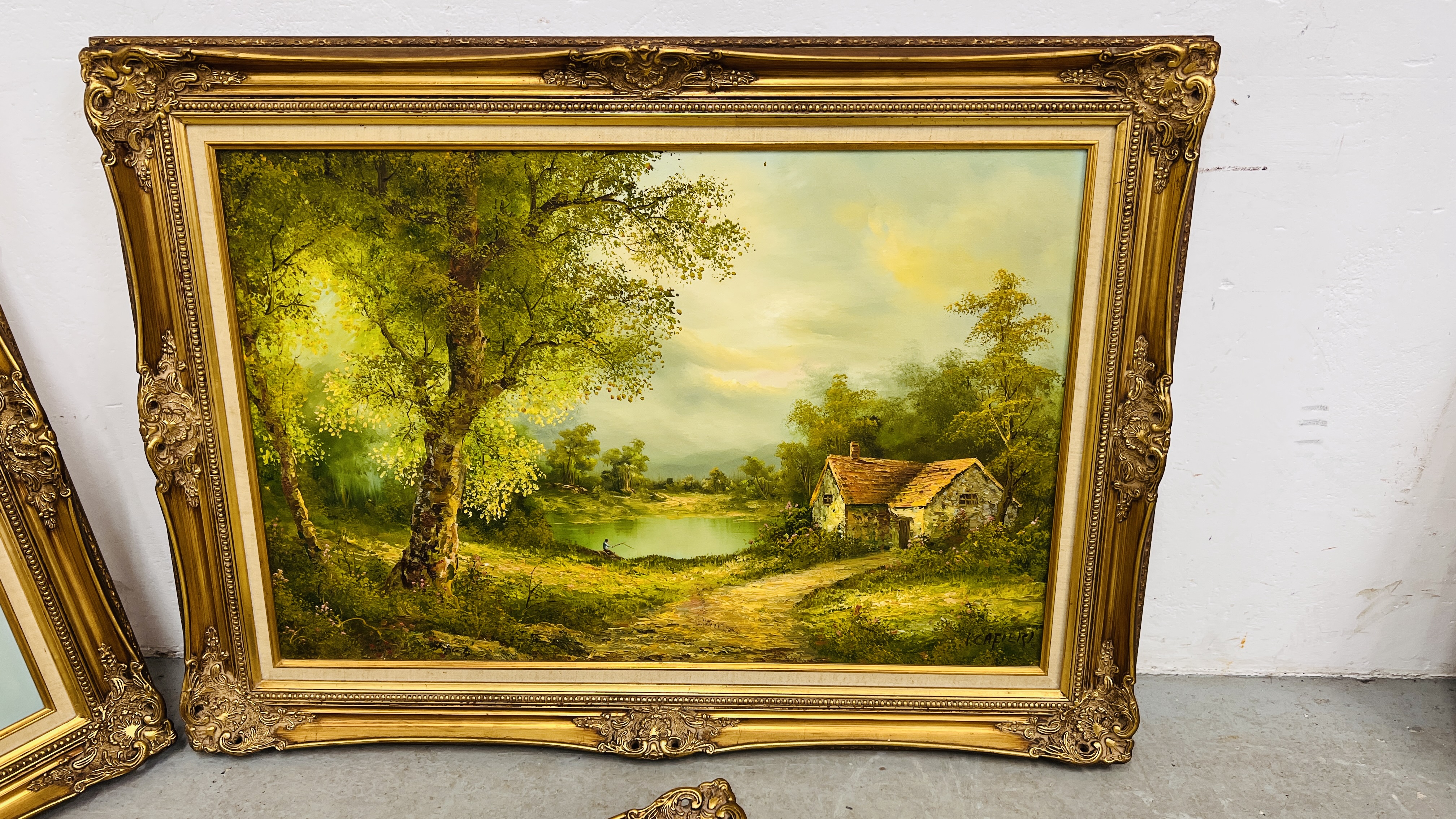 A GROUP OF 3 GILT FRAMED LANDSCAPE AND RIVER PICTURES, OIL ON CANVAS - W 112CM. X H 81.5CM. - Image 3 of 4