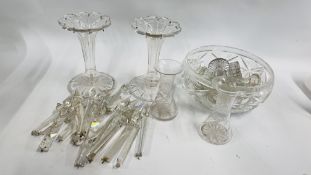 2 GLASS LUSTRES AND COLLECTION VARIOUS DROPS, NOT MATCHING, VARIOUS GLASS STOPPERS,