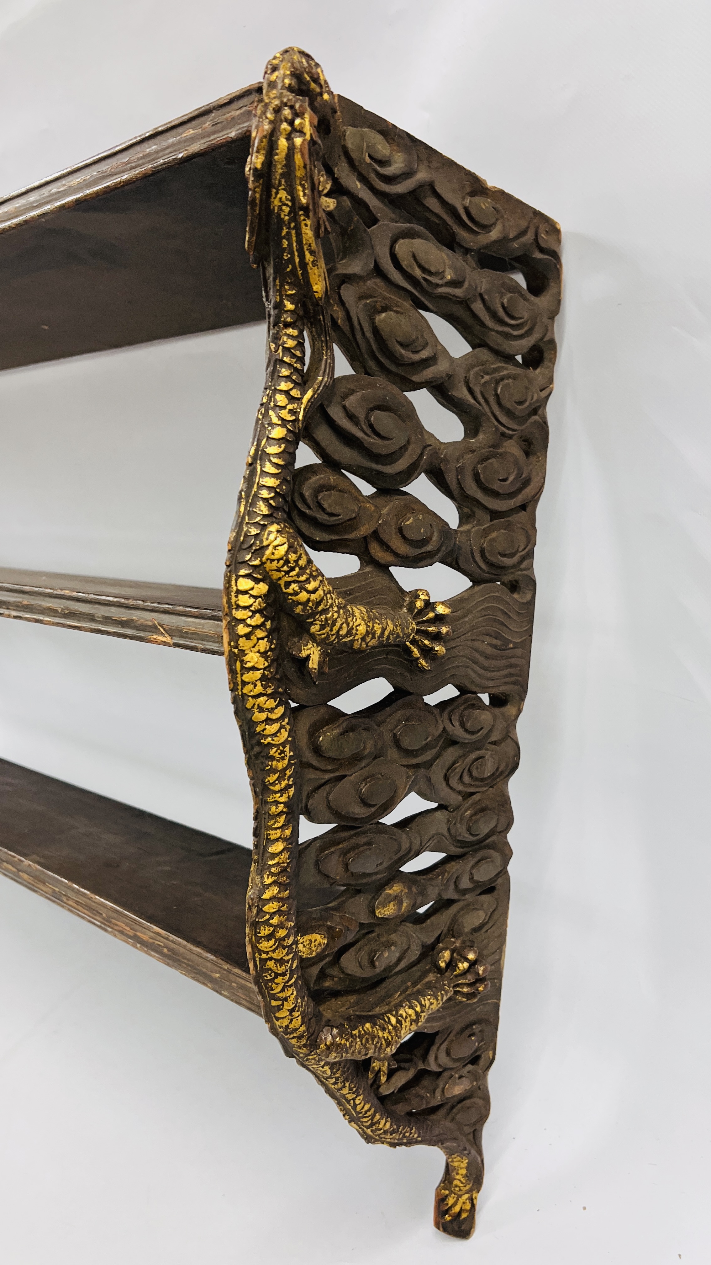 C20TH CHINESE STYLE THREE TIER BRACKET SHELF WITH DRAGON CARVED DETAIL - W 117CM. H 60CM. D 24CM. - Image 2 of 9