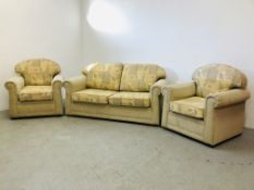 A 3 PIECE SUITE UPHOLSTERED IN OATMEAL COMPRISING OF 2 ARM CHAIRS AND A SOFA BED