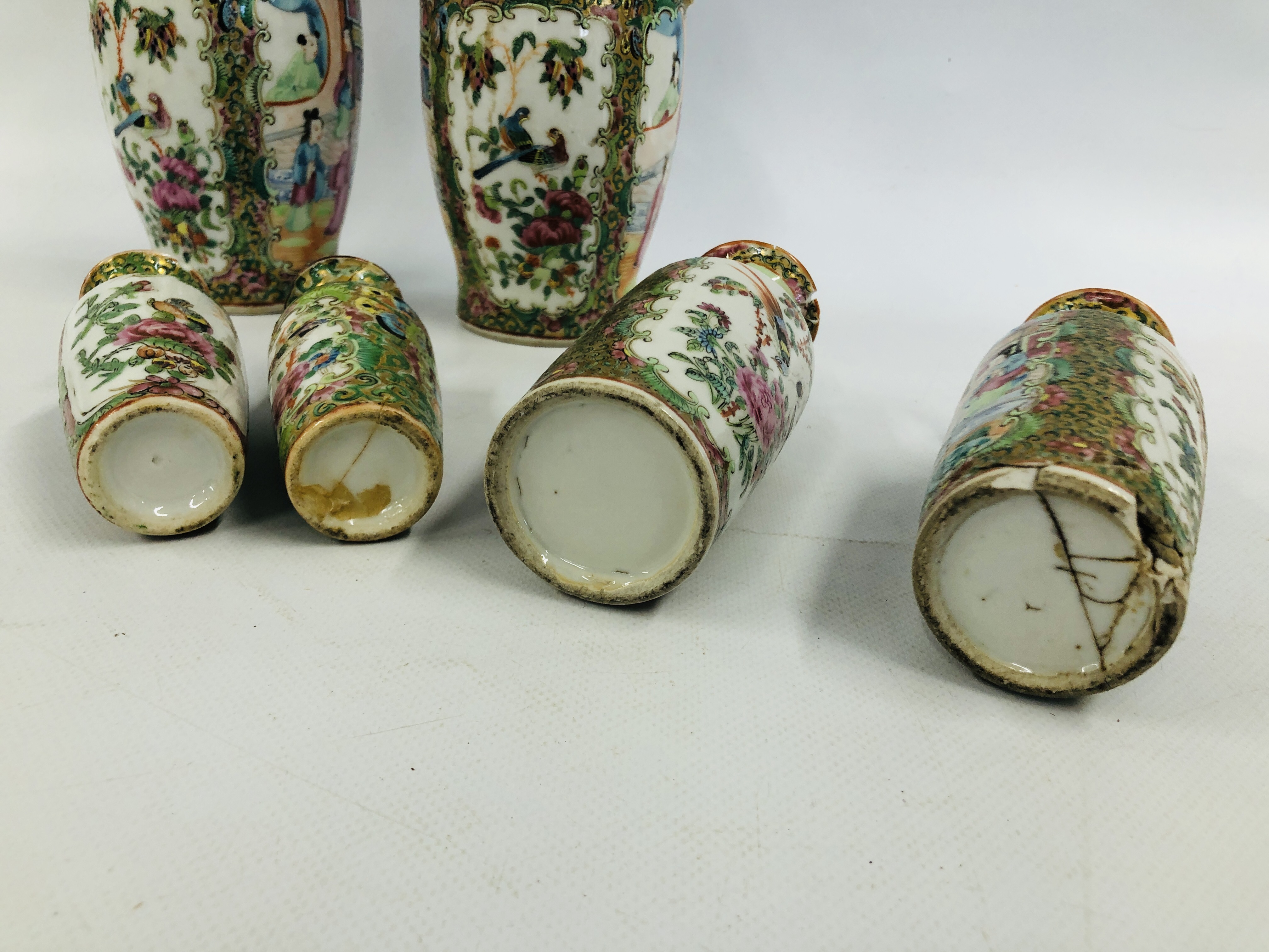 3 X PAIRS OF CANTONESE FAMILLE ROSE VASES, THE LARGEST H 22.5CM (GOOD CONDITION, THE OTHERS H 14. - Image 12 of 17