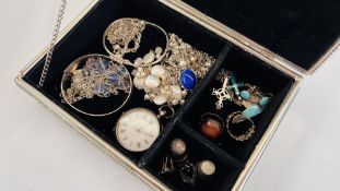 MIRRORED JEWELLERY BOX CONTAINING SILVER JEWELLERY AND A SILVER POCKET WATCH.