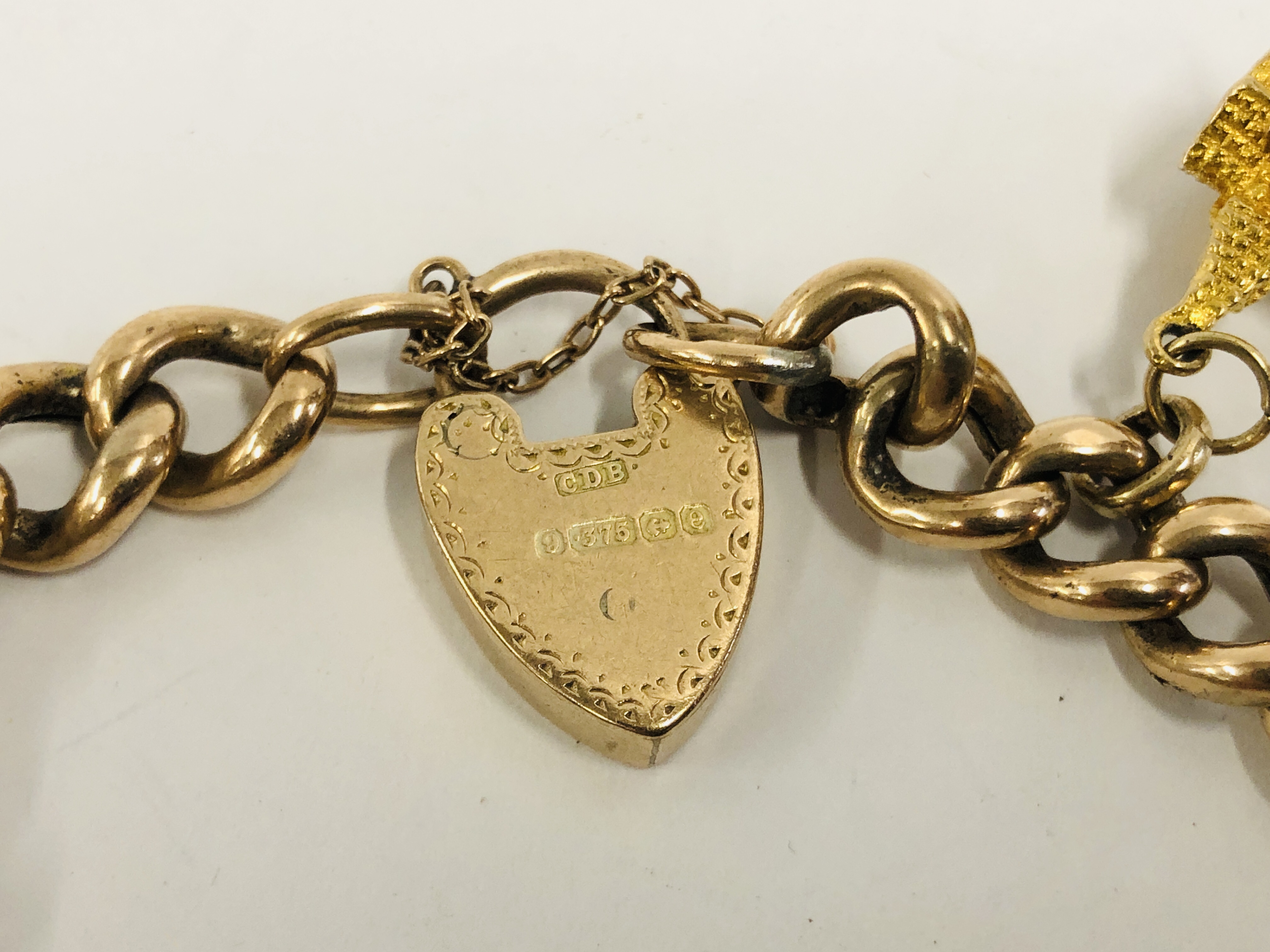 A YELLOW METAL CHARM BRACELET WITH 9CT GOLD PADLOCK CLASP, - Image 7 of 9