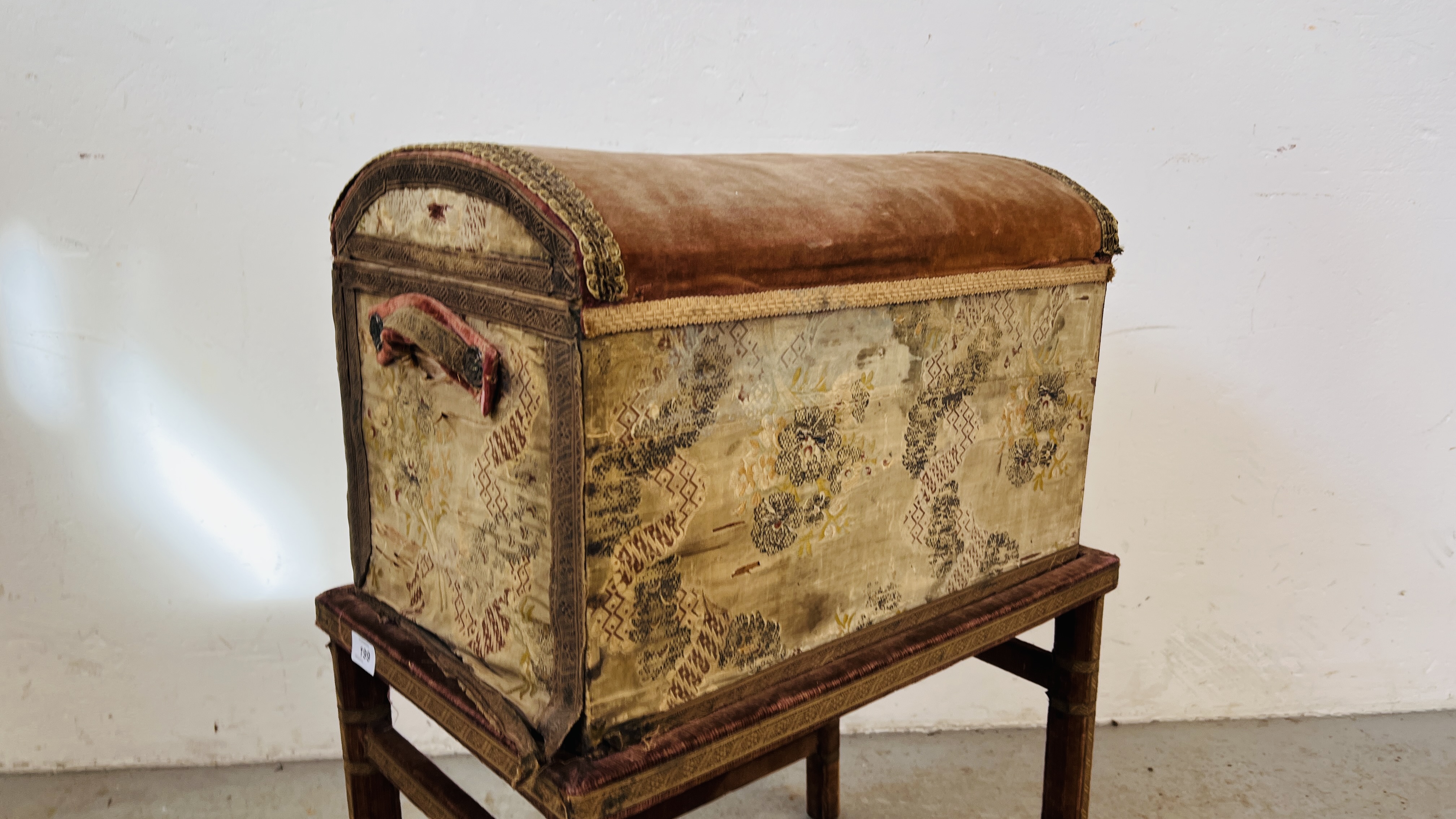 A VELVET COVERED DOME TOP TREASURY TRUNK ON STAND (BOX W 53CM. D 33CM. - Image 2 of 11